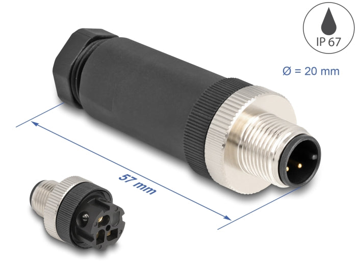 Delock M12 Steckverbinder A-kodiert 3 Pin Stecker zur Montage mit Schraubanschluss