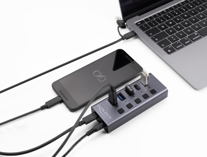 Delock USB 5 Gbps Hub mit 2 x USB Typ-A und 2 x USB Type-C™ Buchse und 1 x Schnellladeport + Schalter