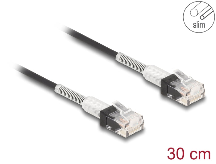 Delock RJ45 Netzwerkkabel mit doppeltem Knickschutz Cat.6A UTP Slim 0,3 m schwarz