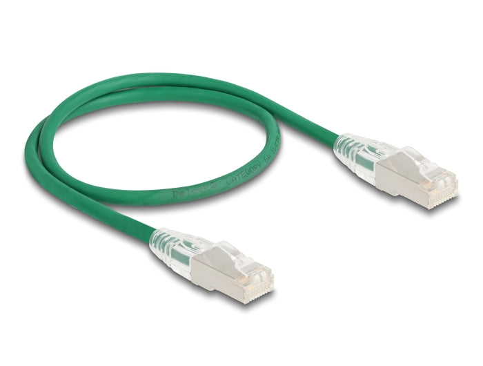 Delock RJ45 Netzwerkkabel Cat.6A Stecker zu Stecker mit gebogener Rastnase U/FTP Slim 0,5 m grün
