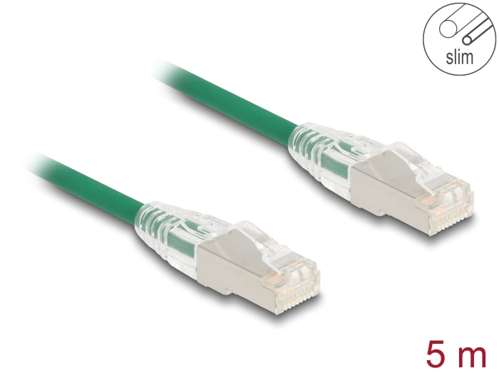 Delock RJ45 Netzwerkkabel Cat.6A Stecker zu Stecker mit gebogener Rastnase U/FTP Slim 5 m grün