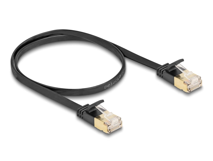 Delock RJ45 Netzwerkkabel Cat.6A Stecker zu Stecker mit robuster Rastnase und Cat.7 Rohflachbandkabel U/FTP 0,5 m schwarz