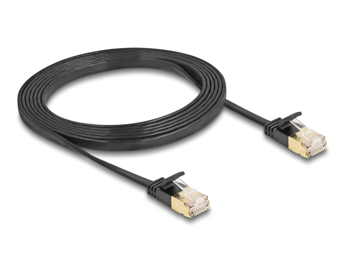 Delock RJ45 Netzwerkkabel Cat.6A Stecker zu Stecker mit robuster Rastnase und Cat.7 Rohflachbandkabel U/FTP 2 m schwarz