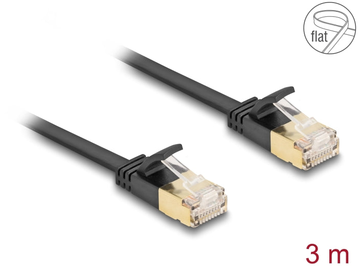 Delock RJ45 Netzwerkkabel Cat.6A Stecker zu Stecker mit robuster Rastnase und Cat.7 Rohflachbandkabel U/FTP 3 m schwarz