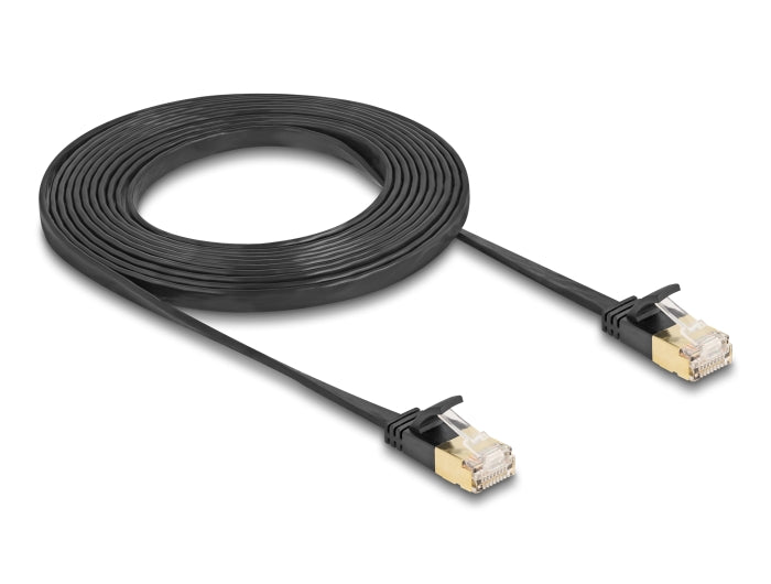 Delock RJ45 Netzwerkkabel Cat.6A Stecker zu Stecker mit robuster Rastnase und Cat.7 Rohflachbandkabel U/FTP 3 m schwarz