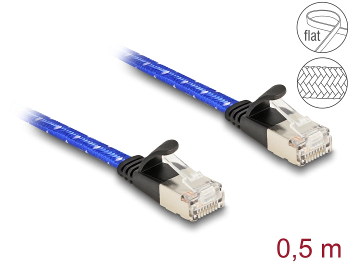 Delock RJ45 Flachband Netzwerkkabel mit Geflechtmantel Cat.6A U/FTP 0,5 m blau