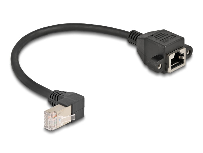 Delock Netzwerk Verlängerungskabel S/FTP Stecker RJ45 Stecker 90° gewinkelt zu RJ45 Einbaubuchse Cat.6A 0,25 m schwarz