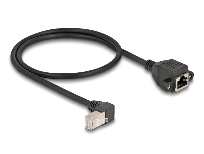 Delock Netzwerk Verlängerungskabel S/FTP RJ45 Stecker 90° gewinkelt zu RJ45 Einbaubuchse Cat.6A 0,5 m schwarz