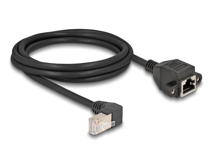 Delock Netzwerk Verlängerungskabel S/FTP Stecker RJ45 Stecker 90° gewinkelt zu RJ45 Einbaubuchse Cat.6A 2 m schwarz