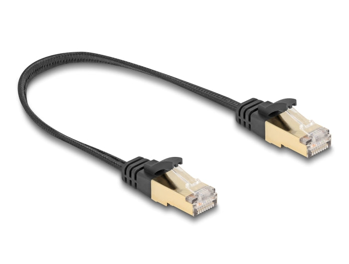 Delock RJ45 Flachband Netzwerkkabel mit Geflechtmantel Cat.6A U/FTP Stecker zu Stecker 0,25 m schwarz
