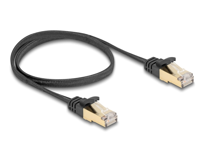 Delock RJ45 Flachband Netzwerkkabel mit Geflechtmantel Cat.6A U/FTP Stecker zu Stecker 0,5 m schwarz