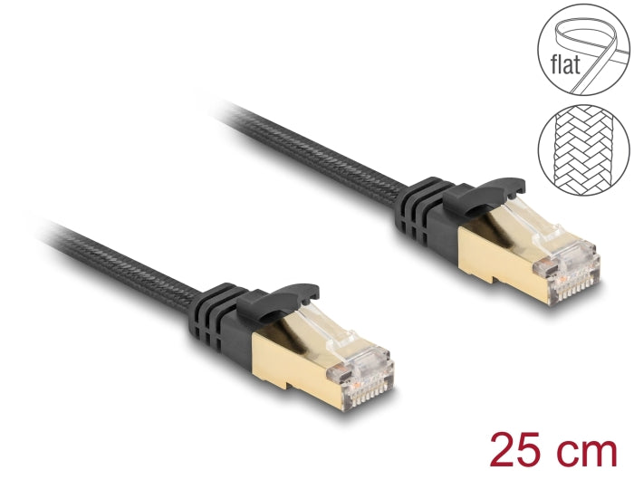 Delock RJ45 Flachband Netzwerkkabel mit Geflechtmantel Cat.6A U/FTP Stecker zu Stecker 0,25 m schwarz