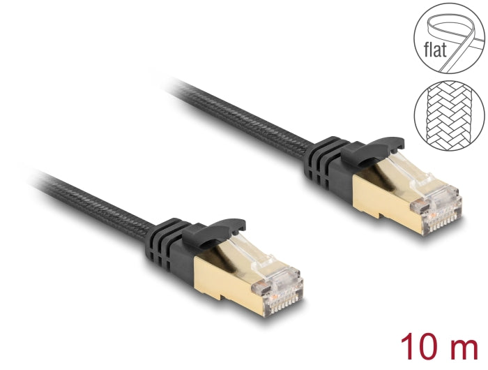 Delock RJ45 Flachband Netzwerkkabel mit Geflechtmantel Cat.6A U/FTP Stecker zu Stecker 10 m schwarz