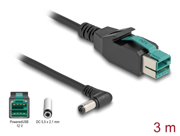 Delock PoweredUSB Kabel Stecker 12 V zu DC 5,5 x 2,1 mm Stecker gewinkelt 3 m