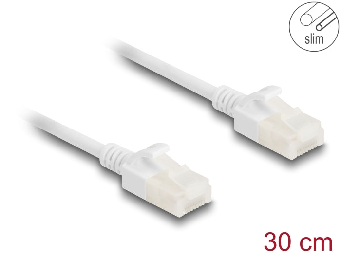 Delock RJ45 Netzwerkkabel Cat.6A Stecker zu Stecker mit robuster Rastnase Industrietauglich U/UTP Slim 0,3 m weiß