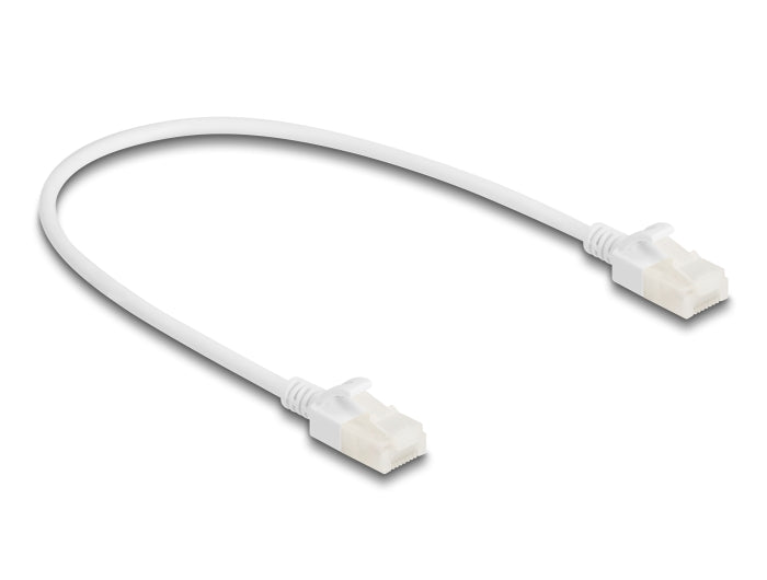 Delock RJ45 Netzwerkkabel Cat.6A Stecker zu Stecker mit robuster Rastnase Industrietauglich U/UTP Slim 0,3 m weiß
