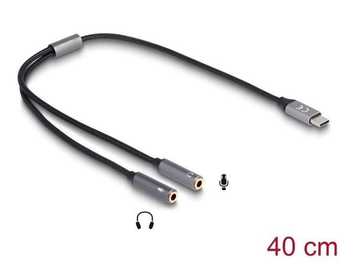 Delock Headset Adapter USB Type-C™ Stecker DAC 24 Bit / 96 kHz Hi-Res zu 2 x 3,5 mm 3 Pin Klinkenbuchse