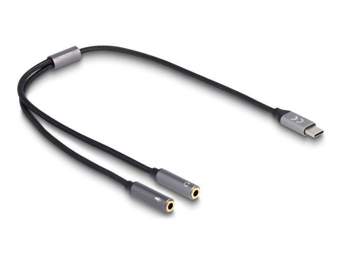 Delock Headset Adapter USB Type-C™ Stecker DAC 24 Bit / 96 kHz Hi-Res zu 2 x 3,5 mm 3 Pin Klinkenbuchse
