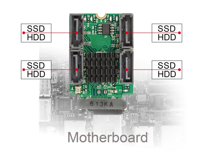 Delock Konverter M.2 Key B+M Stecker zu 4 x SATA Stecker mit RAID und HyperDuo