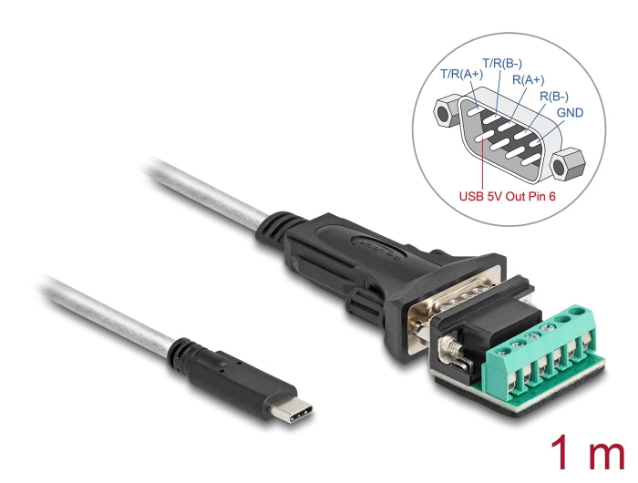 Delock Adapter USB Type-C™ zu 1 x Seriell RS-422/485 Stecker mit 6 Pin Terminalblock 5 V 1 m