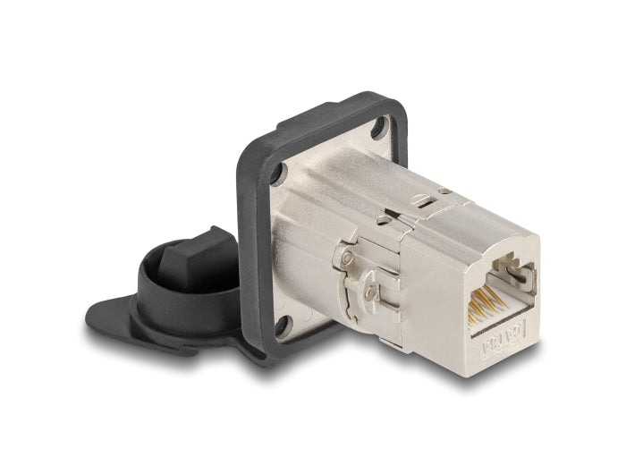 Delock D-Typ RJ45 Einbaubuchse / Kupplung Cat.6A STP mit Schutzkappe IP66 staub- und wasserdicht