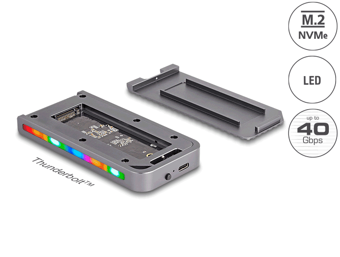 Delock USB 40 Gbps Gehäuse für 1 x M.2 NVMe SSD im Gaming Style mit LED und Lüfter - werkzeugfrei