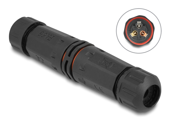 Delock Kabelverbinder für Außenbereich 3 Pin, IP68 wasserdicht, schraubbar, Kabeldurchmesser 4,5 - 7,5 mm schwarz