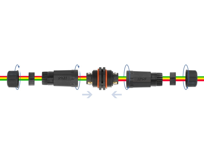 Delock Kabelverbinder für Außenbereich 3 Pin, IP68 wasserdicht, schraubbar, Kabeldurchmesser 4,5 - 7,5 mm schwarz