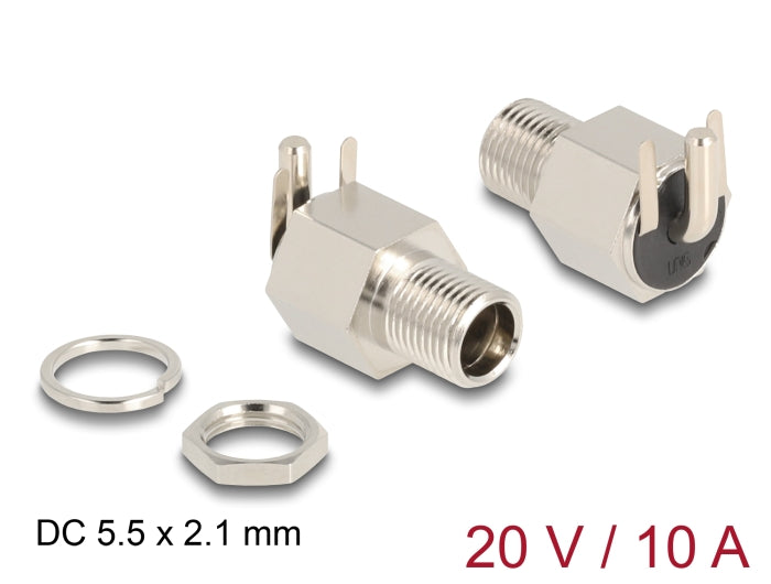 Delock Steckverbinder DC 5,5 x 2,1 mm Buchse zum Einbau Lötversion gewinkelt - Sechskant 20 V / 10 A