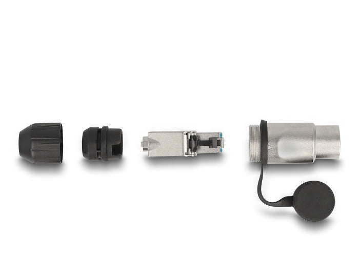 RJ45 Modularer Stecker feldkonfektionierbar Cat.6A mit robusten Kabelsteckergehäuse und Schutzkappe passend für die Delock Durchführungskupplungen 67061 und 67062 IP66 staub- und wasserdicht
