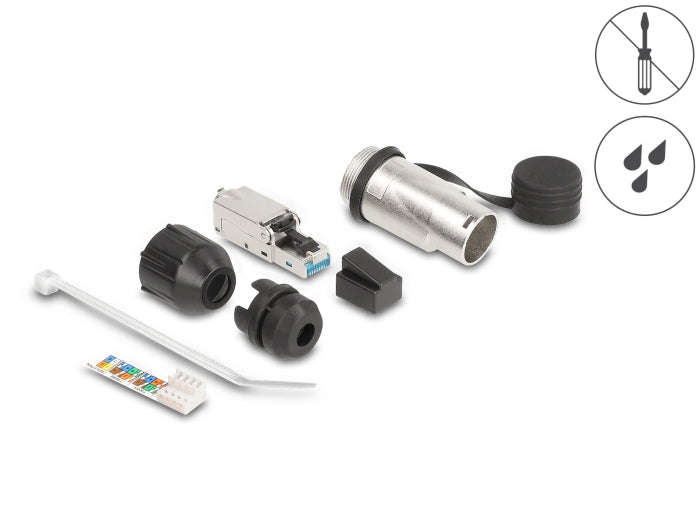 RJ45 Modularer Stecker feldkonfektionierbar Cat.6A mit robusten Kabelsteckergehäuse und Schutzkappe passend für die Delock Durchführungskupplungen 67061 und 67062 IP66 staub- und wasserdicht