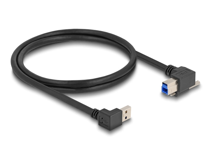 Delock USB 5 Gbps Kabel USB Typ-A Stecker 90° nach unten gewinkelt zu USB Typ-B Stecker mit Schraube 90° nach rechts gewinkelt 1 m schwarz
