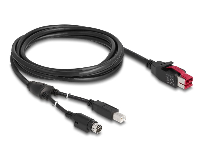 Delock PoweredUSB Kabel Stecker 24 V > USB Typ-B Stecker + Hosiden Mini-DIN 3 Pin Stecker 3 m für POS Drucker und Terminals