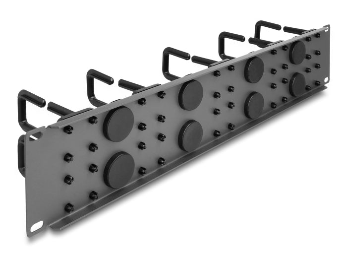 Delock 19″ Kabelmanagement Rangierpanel mit 8 Gummi Kabeldurchführungen und 10 Bügeln 2 HE dunkelgrau