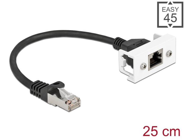 Delock Easy 45 Netzwerk Verlängerungskabel S/FTP RJ45 Stecker zu RJ45 Buchse Cat.6A 25 cm schwarz / weiß