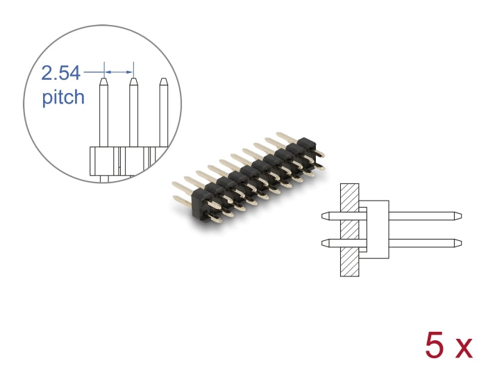 Delock Stiftleiste 10 Pin, Rastermaß 2,54 mm, 2-reihig, gerade, 5 Stück