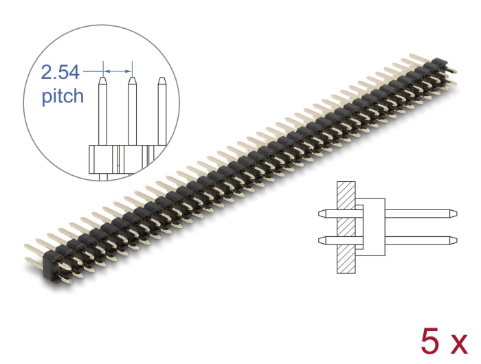 Delock Stiftleiste 40 Pin, Rastermaß 2,54 mm, 2-reihig, gerade, 5 Stück
