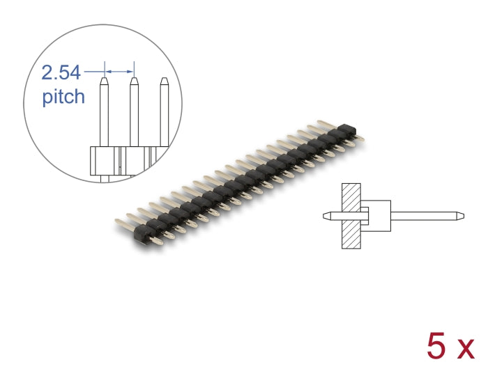Delock Stiftleiste 20 Pin, Rastermaß 2,54 mm, 1-reihig, gerade, 5 Stück