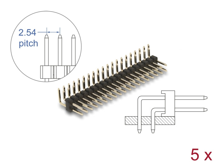 Delock Stiftleiste 20 Pin, Rastermaß 2,54 mm, 2-reihig, gewinkelt, 5 Stück