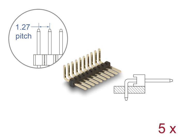Delock Stiftleiste 10 Pin, Rastermaß 1,27 mm, 1-reihig, gewinkelt, 5 Stück