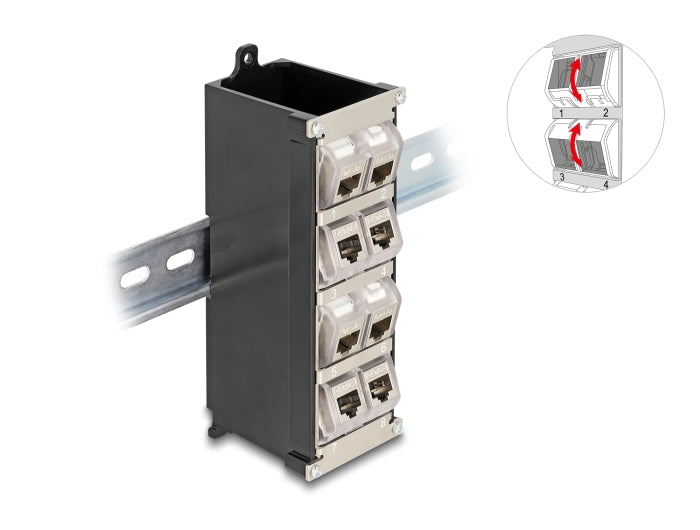 Delock Keystone Halterung 8 Port neigbar für Hutschiene oder Wandmontage
