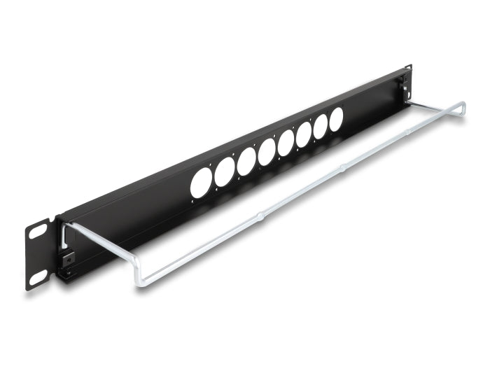 Delock 19″ D-Typ Patchpanel mit Entlastungsschiene 8 Port mittig 1 HE schwarz