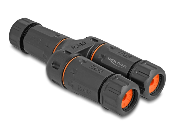 Delock Kabelverbinder Y-Adapter RJ45 Buchse zu 2 x RJ45 Buchse Cat.6 IP68 staub- und wasserdicht Outdoor