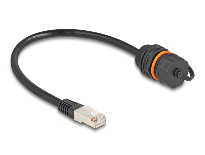 Delock Kabel RJ45 Stecker zu RJ45 Buchse Cat.6A zum Einbau mit M20 Gewinde und Verschlusskappe IP68 staub- und wasserdicht 25 cm schwarz