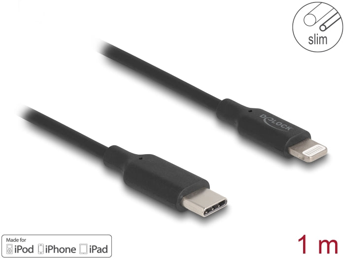 Delock Slim Daten- und Ladekabel USB Type-C™ zu Lightning™ für iPhone™, iPad™, iPod™ schwarz 1 m MFi