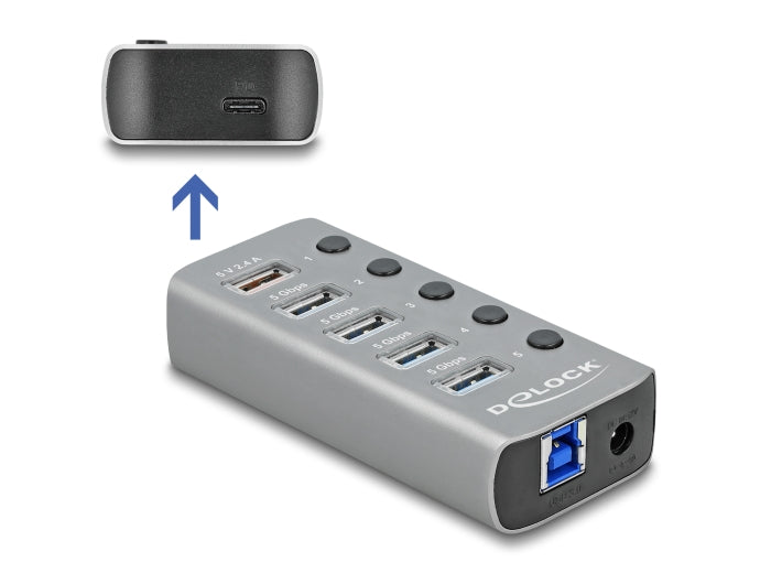 Delock USB 5 Gbps Hub mit 4 Ports + 1 Schnellladeport + 1 USB-C™ PD 3.0 Port mit Schalter und Beleuchtung