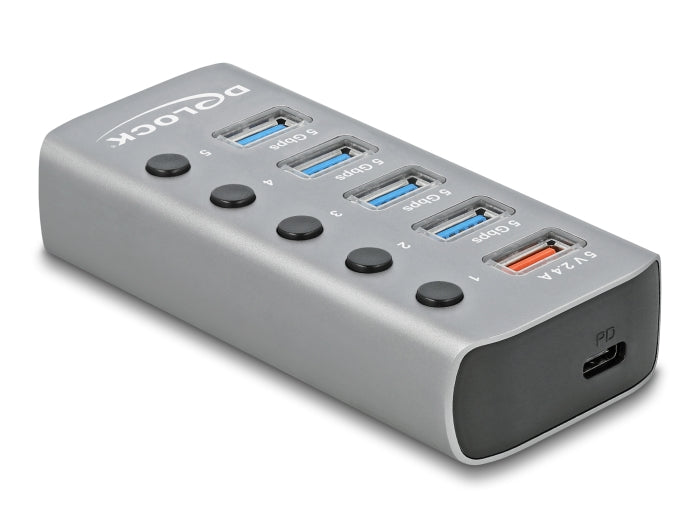 Delock USB 5 Gbps Hub mit 4 Ports + 1 Schnellladeport + 1 USB-C™ PD 3.0 Port mit Schalter und Beleuchtung