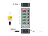 Delock USB 5 Gbps Hub mit 4 Ports + 1 Schnellladeport + 1 USB-C™ PD 3.0 Port mit Schalter und Beleuchtung