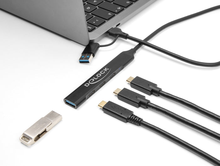 Delock 4 Port Slim USB Hub mit USB Type-C™ oder USB Typ-A zu 3 x USB 5 Gbps USB Type-C™ + 1 x USB 5 Gbps Typ-A