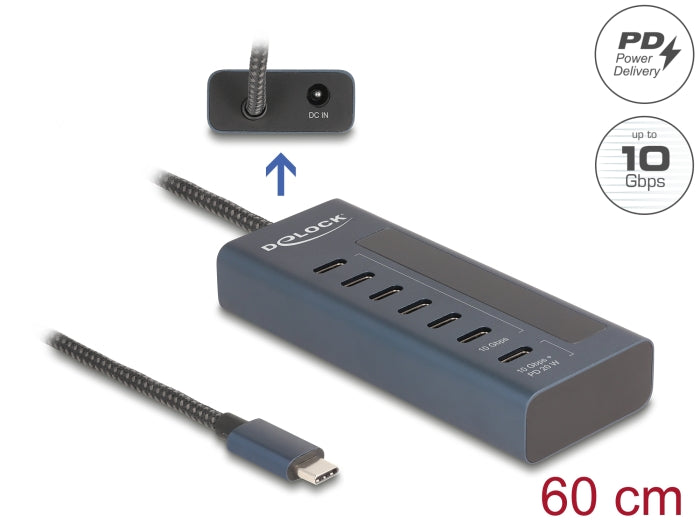 Delock USB 10 Gbps Hub mit 7 USB Type-C™ Ports davon 6 x Datenport + 1 x Daten und PD 20 Watt mit Leistungsanzeige
